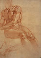 Studies of a Seated Male Nude (Ignudo) for the Sistine Ceiling (recto); Studies of Hands in Prayer (verso), Michelangelo Buonarroti (Italian, Caprese 1475–1564 Rome), Red chalk, brush and white gouache, over traces of stylus (recto); red chalk (verso).